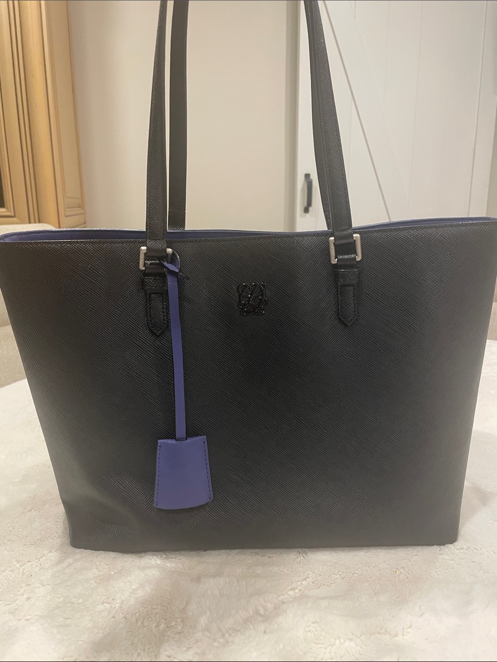 Saffiano-Textured Black Tote with Smooth Leather Trim